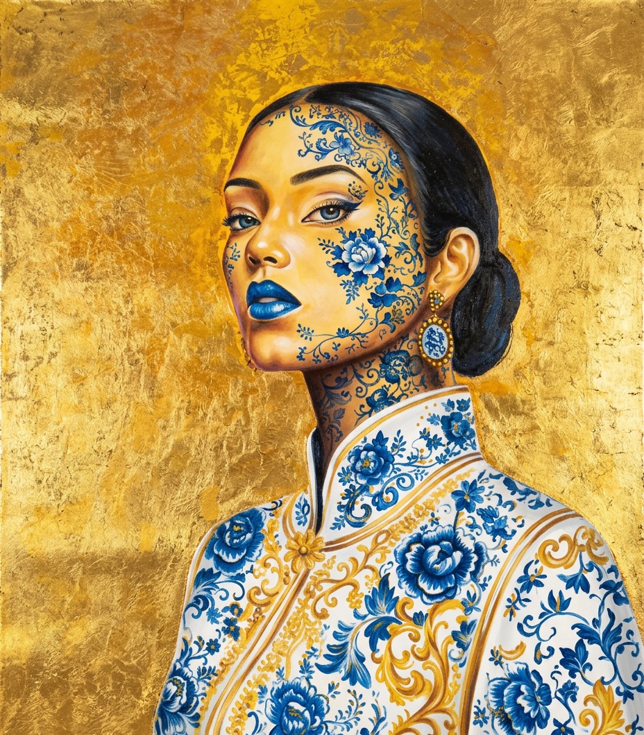 Detail — porcelain florals on gold leaf